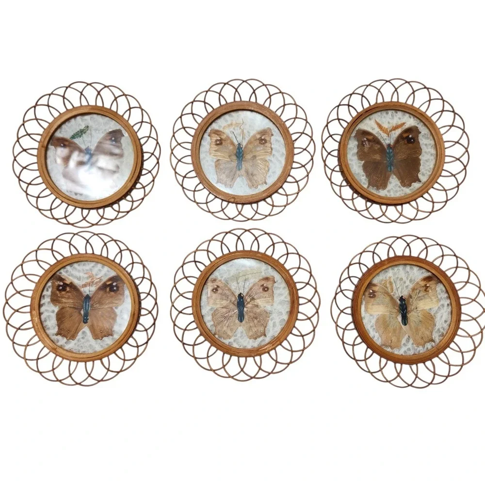 Set of 6 Vintage 1970's‎ Round Pressed Butterfly Bamboo Coasters Bohemian Nature